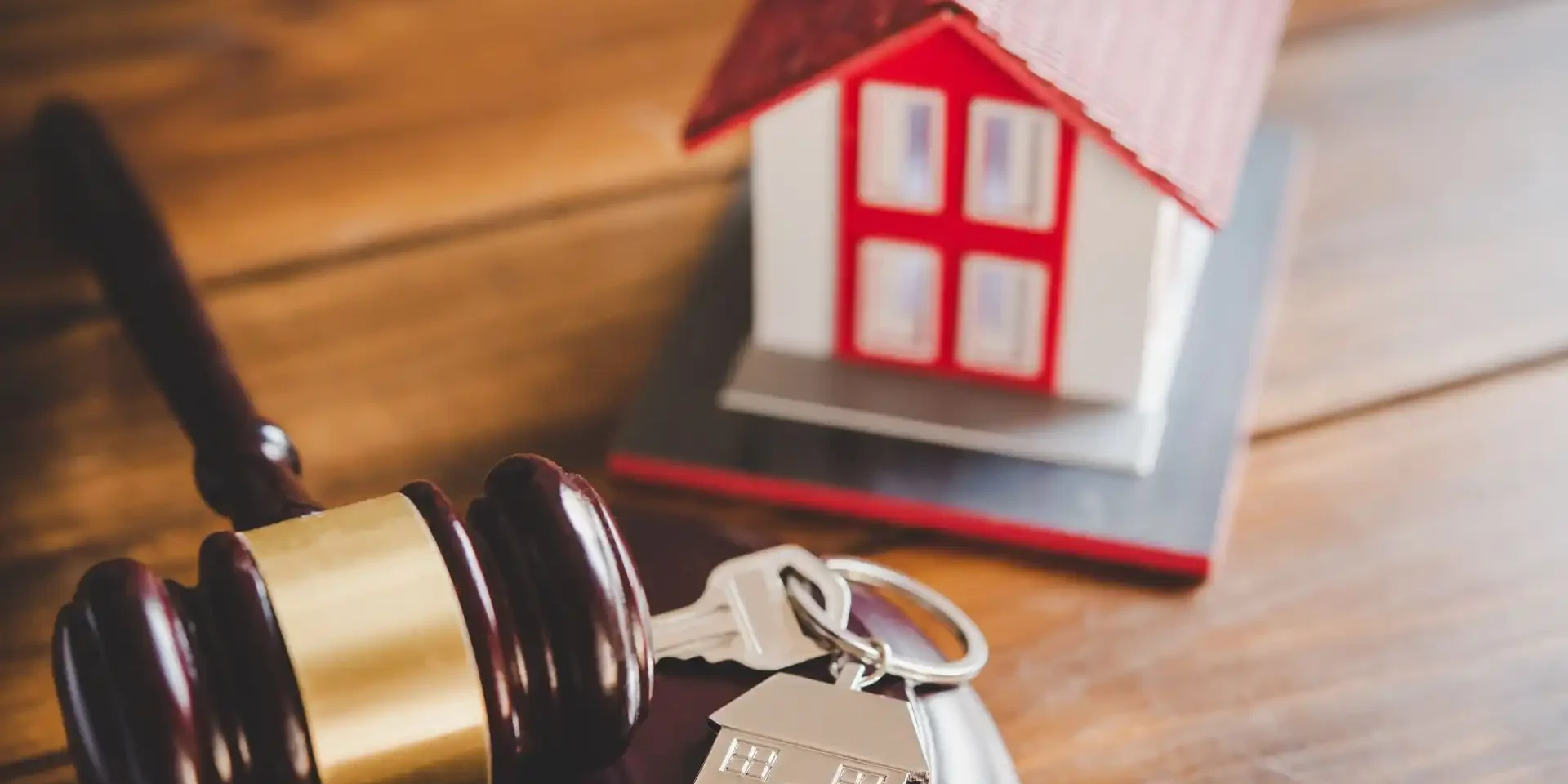 a judge's gavel, house keys, and a model of a house on a wooden table