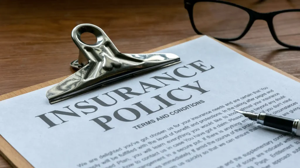 insurance policy document on a paper on a writing pad