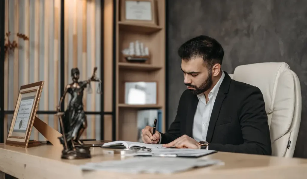 Family lawyer writes in a book inside a law office.